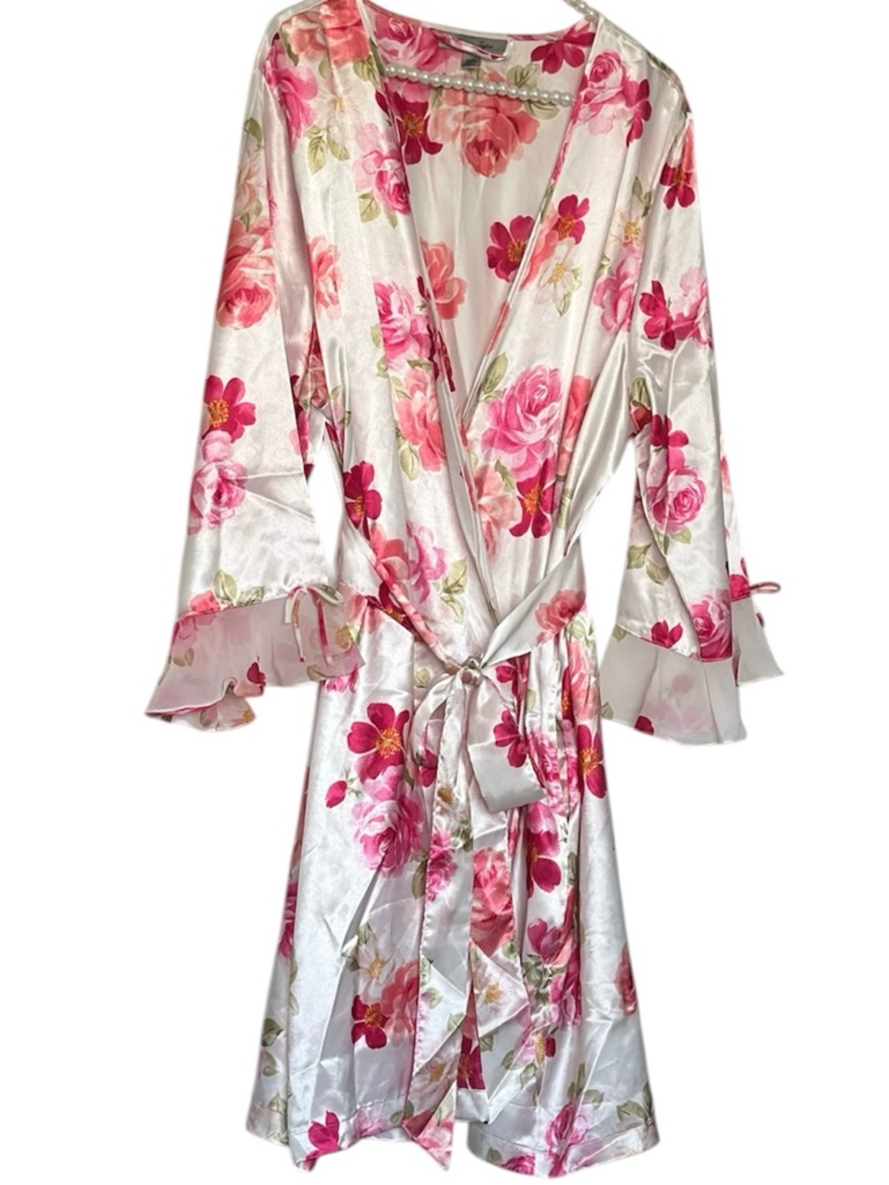 Morgan Taylor Kimono Robe XXL White Satin Floral with Pink Blooms TieUp Pocket - Picture 3 of 11